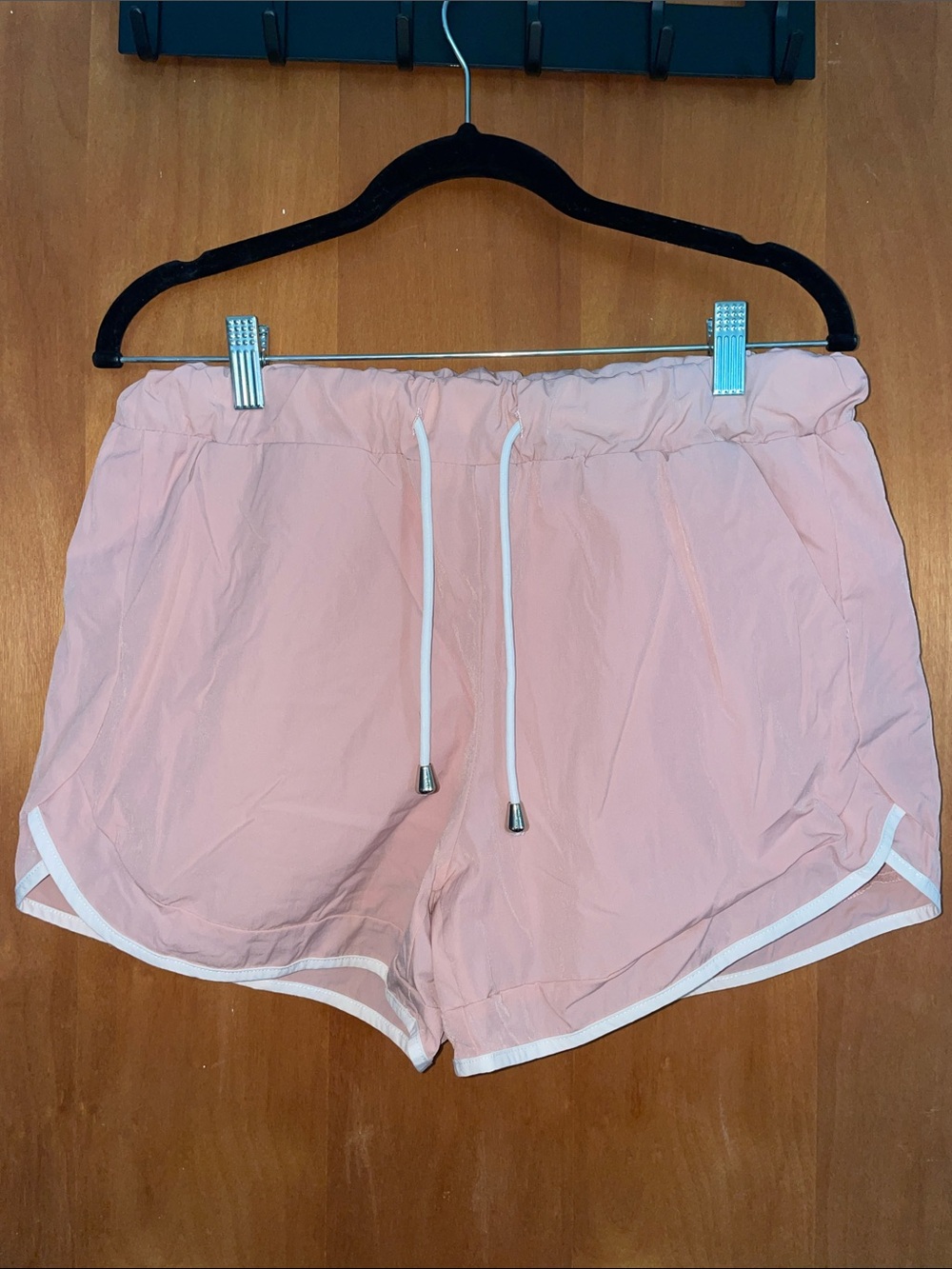 Light Pink Athletic Drawstring Shorts with White Trim